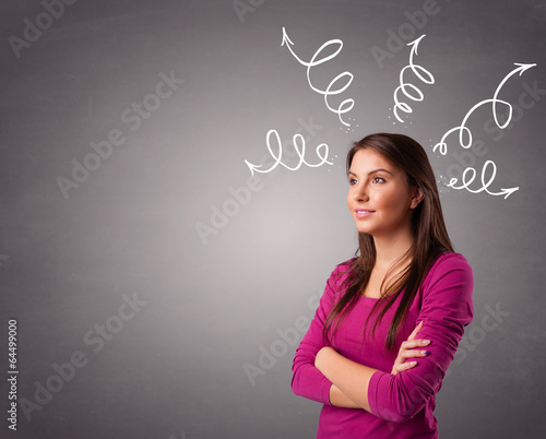 Young woman thinking with arrows overhead