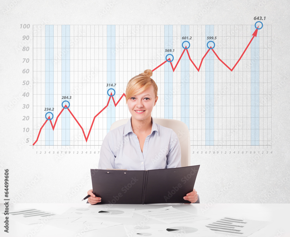 Young businesswoman calculating stock market with rising graph i Young businesswoman calculating stock market with rising graph i