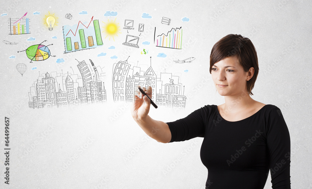 Cute woman sketching city and graph icons