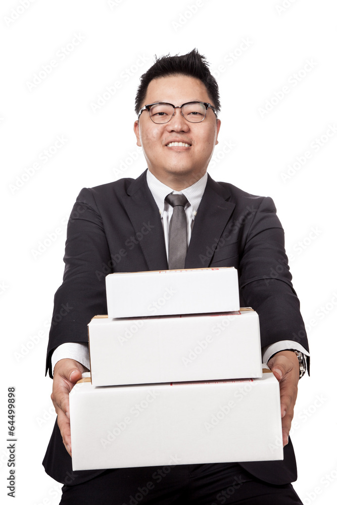 Asian businessman give 3 box and smile Asian businessman give 3 box and smile