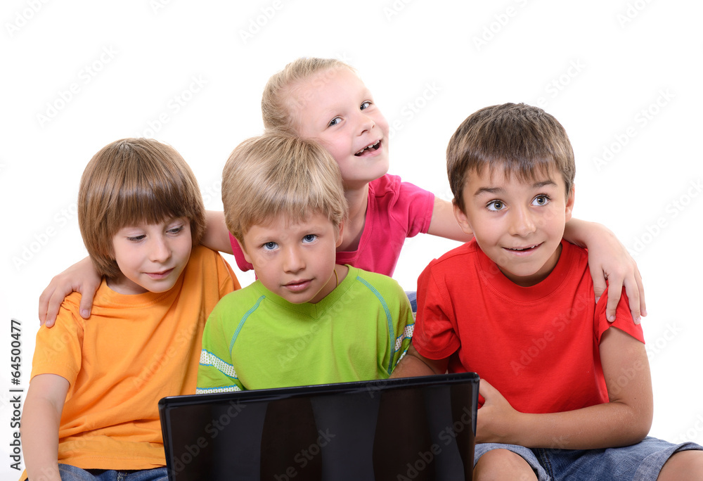 happy children playing and learning with laptop, over white happy children playing and learning with laptop, over white