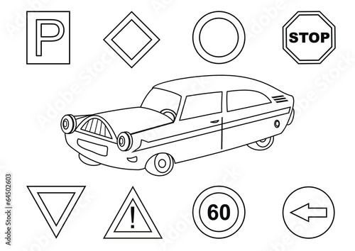 car and traffic signs - coloring book