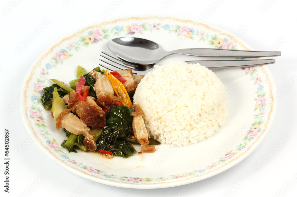 Stir fried kale Crispy pork with steamed rice Stir fried kale Crispy pork with steamed rice