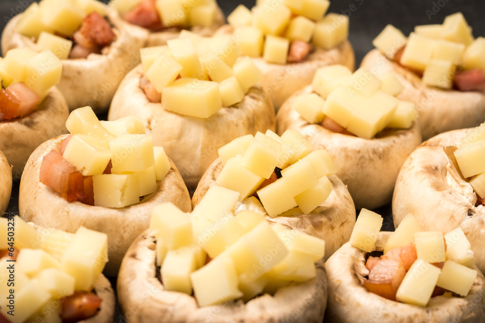 Fresh Champignon Mushrooms With Ham And Hard Cheese