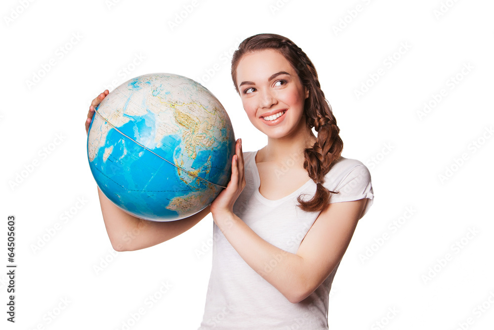 pretty smiling young lady holding a world globe. isolated on pretty smiling young lady holding a world globe. isolated on