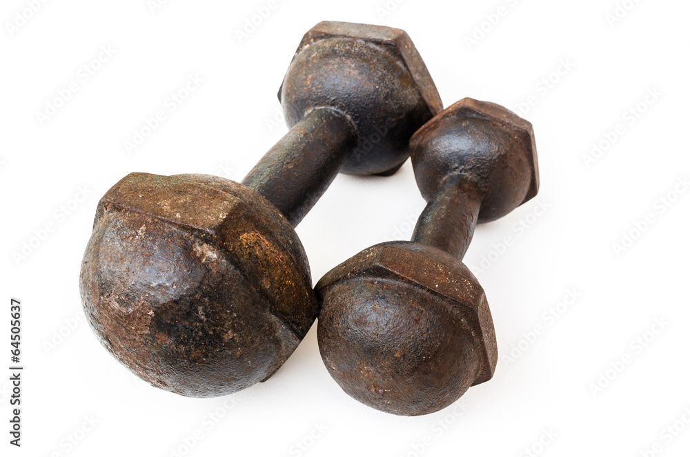 old rusty dumbell on white background old rusty dumbell on white background
