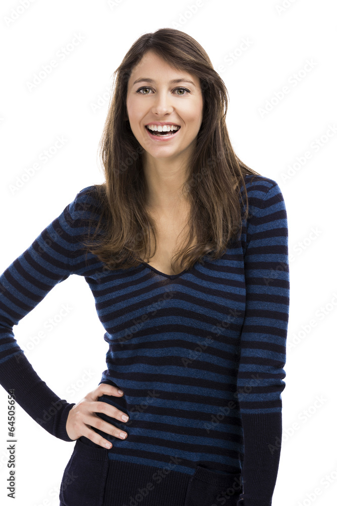 Beautiful and happy woman smiling over a white background Beautiful and happy woman smiling over a white background