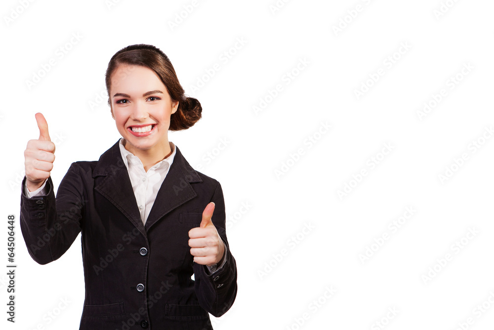 Happy smiling businesswoman with thumbs up gesture, isolated on Happy smiling businesswoman with thumbs up gesture, isolated on