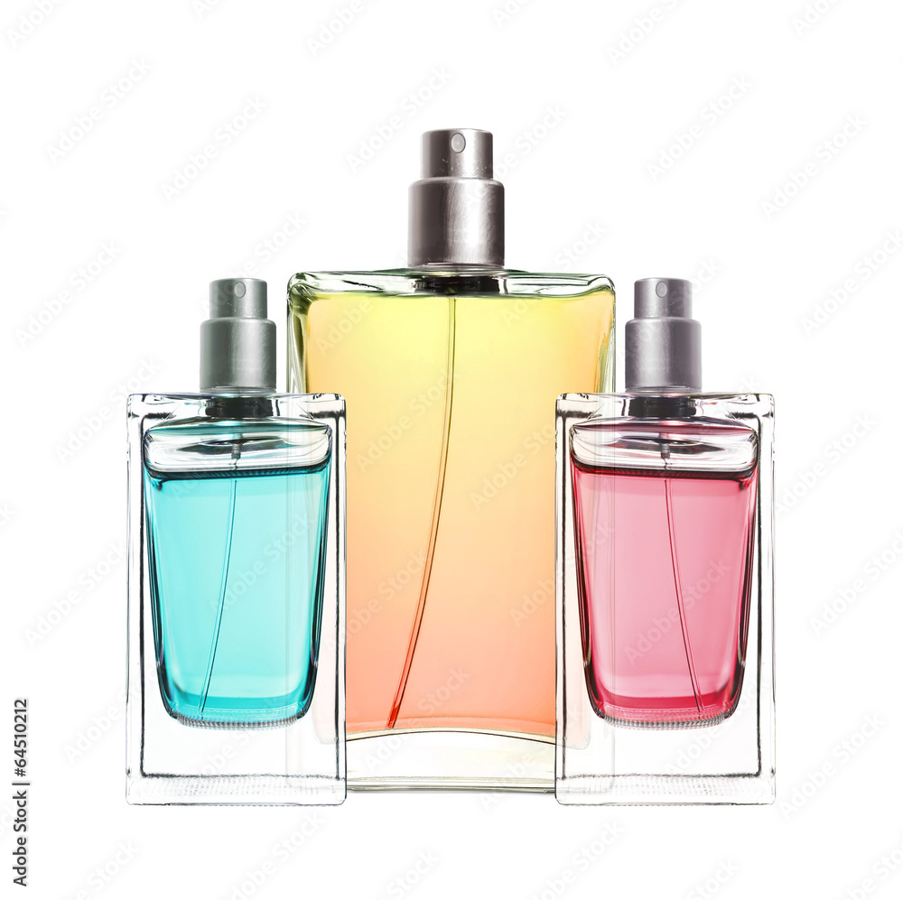 woman perfume in beautiful bottles isolated - obrazy, fototapety, plakaty 