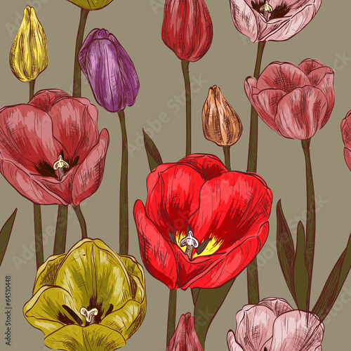 Fototapeta Naklejka Na Ścianę i Meble -  seamless pattern with red and pink tulip flowers