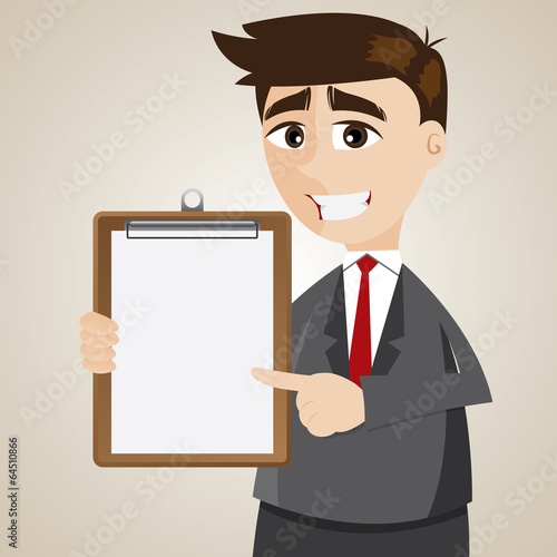 cartoon businessman showing blank board