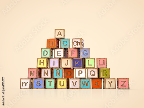 Fotomurale spanish alphabet made of cubes with letters. Alfabeto español