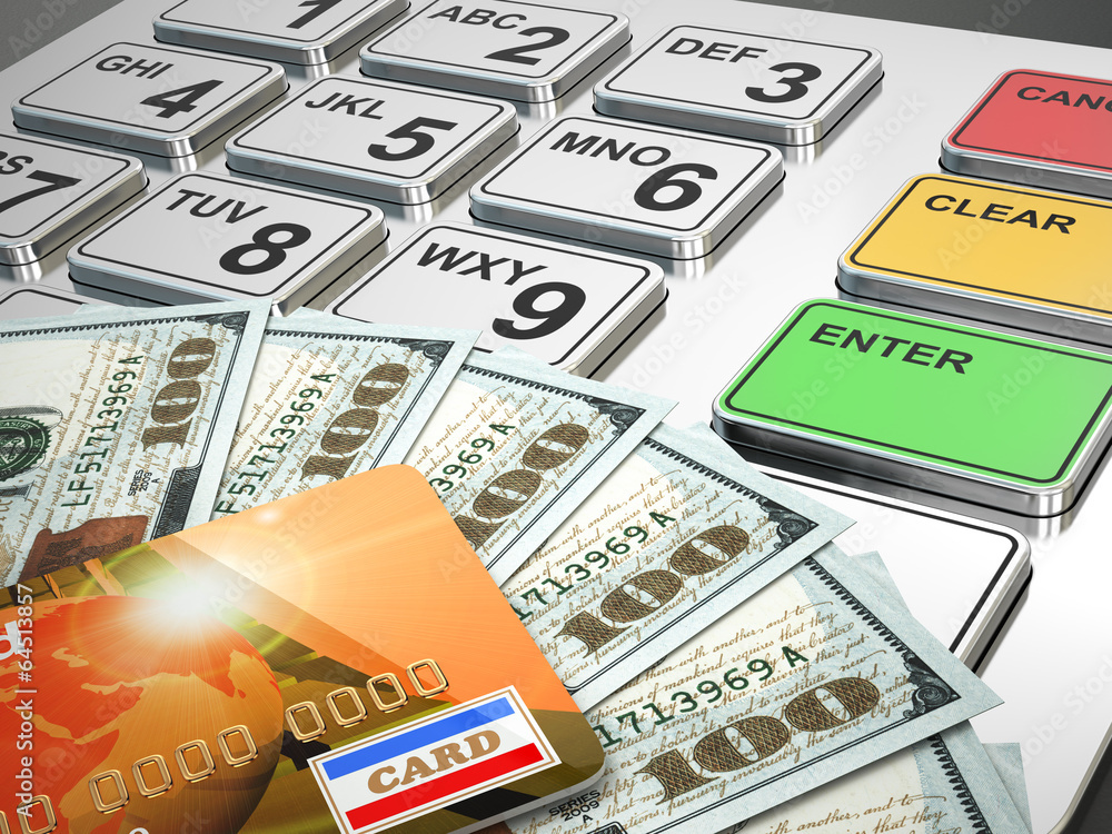 ATM machine with credit card and money. ATM machine with credit card and money.