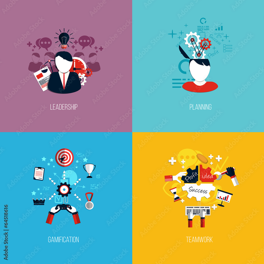 Icons for leadership, planning, gamification and teamwork. Flat