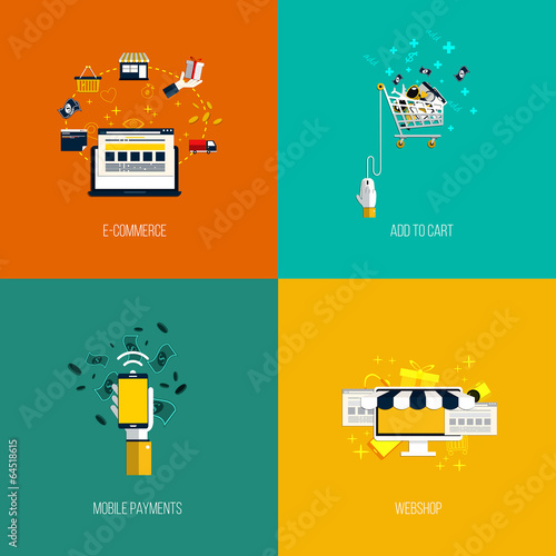 Icons for e-commerce, add to cart, mobile payments and webshop.