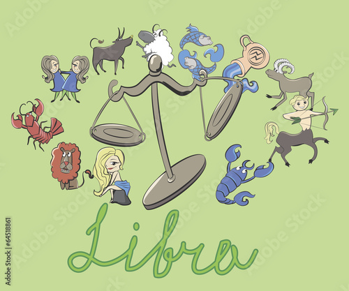 collection of cartoon zodiac signs headed by Libra