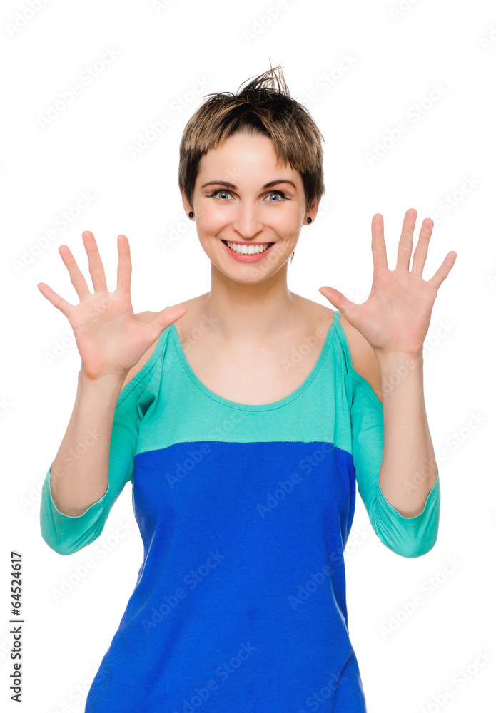 Portrait of happy woman showing ten fingers Portrait of happy woman showing ten fingers