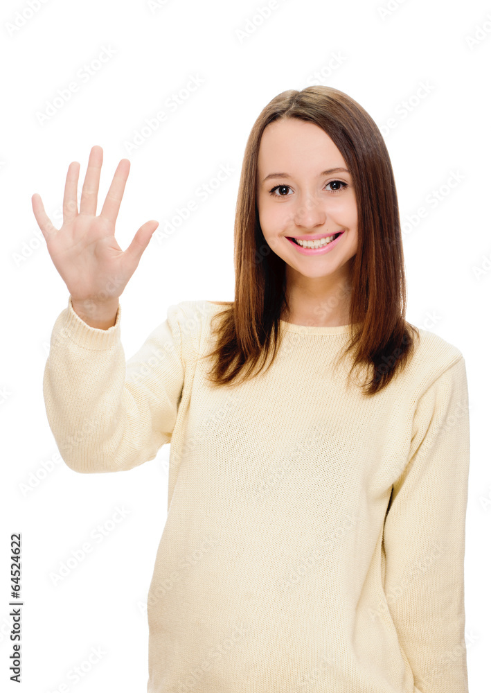 Portrait of smiling woman showing five fingers Portrait of smiling woman showing five fingers