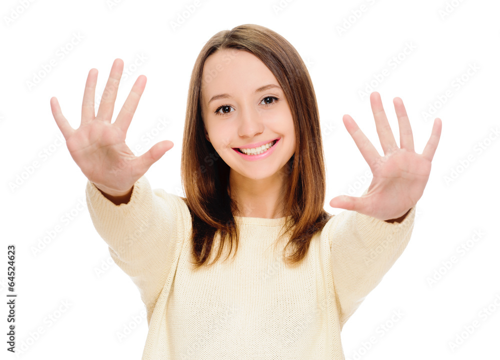 Portrait of smiling woman showing ten fingers Portrait of smiling woman showing ten fingers