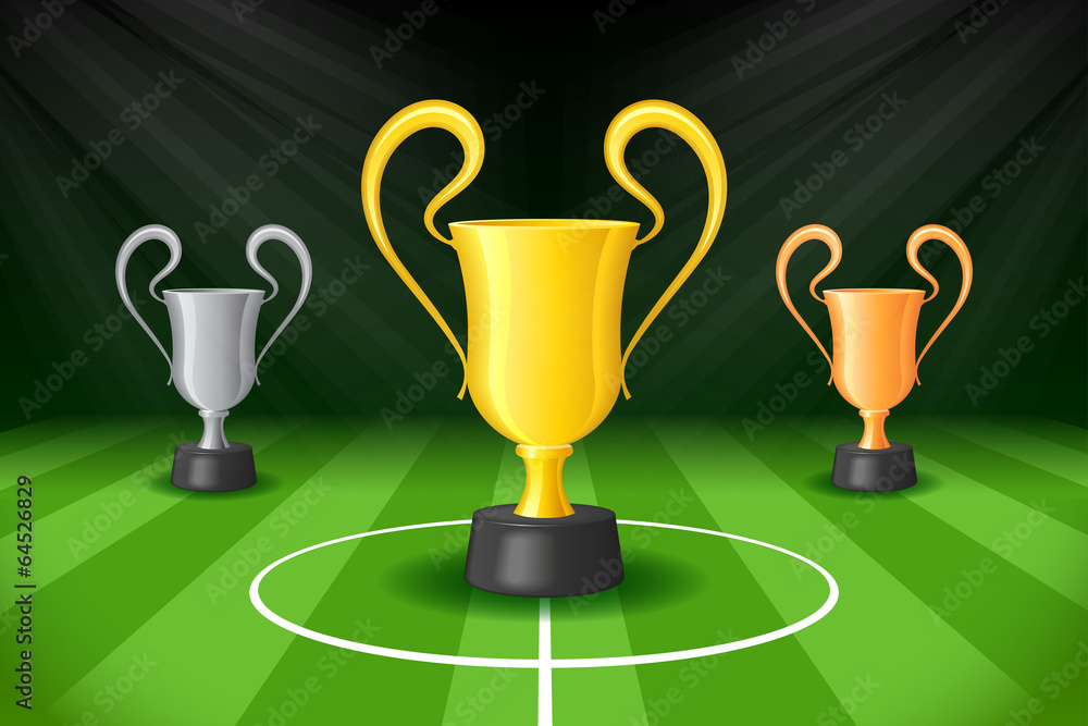 Soccer Background with Three Award Trophy