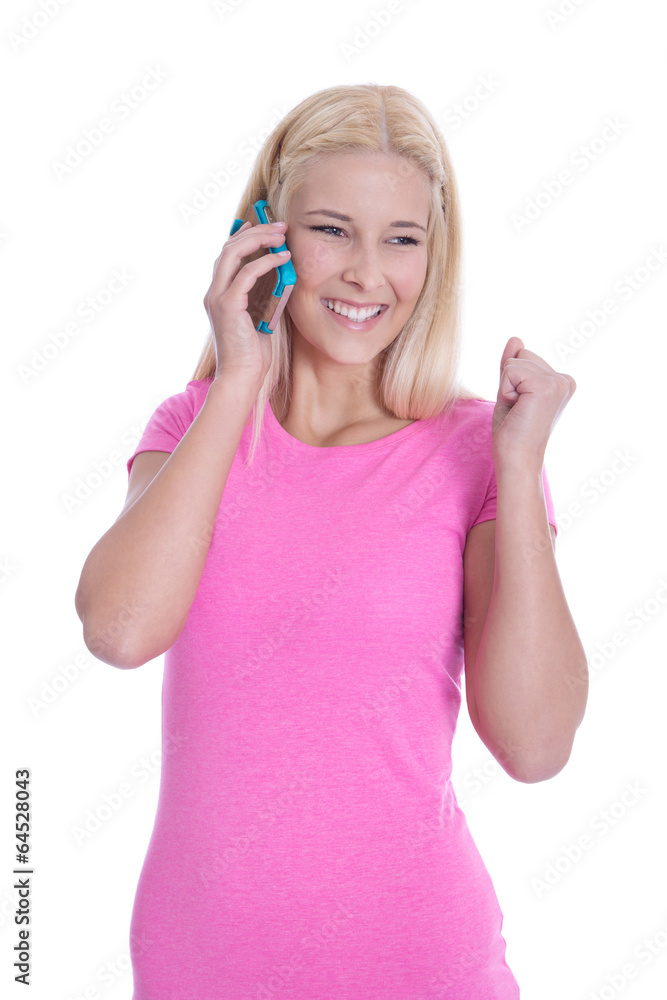 Lachendes junges Mädchen isoliert in Rosa mit Telefon Lachendes junges Mädchen isoliert in Rosa mit Telefon