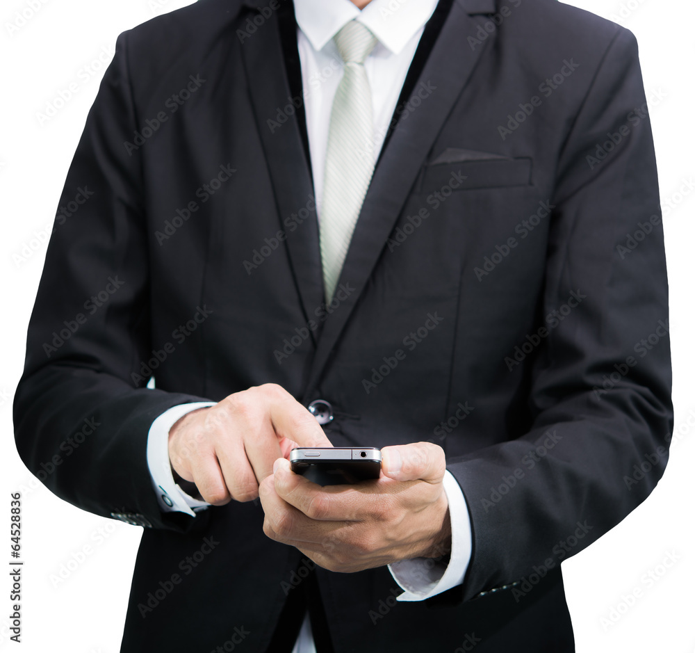 Businessman standing posture hand hold phone isolated Businessman standing posture hand hold phone isolated
