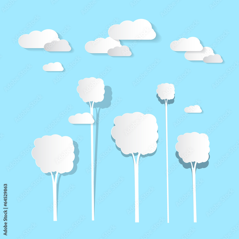 Paper Clouds and Trees on Blue Background Paper Clouds and Trees on Blue Background