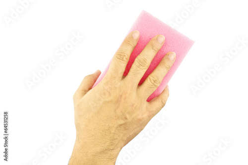 Hand hold pink sponge cleaning