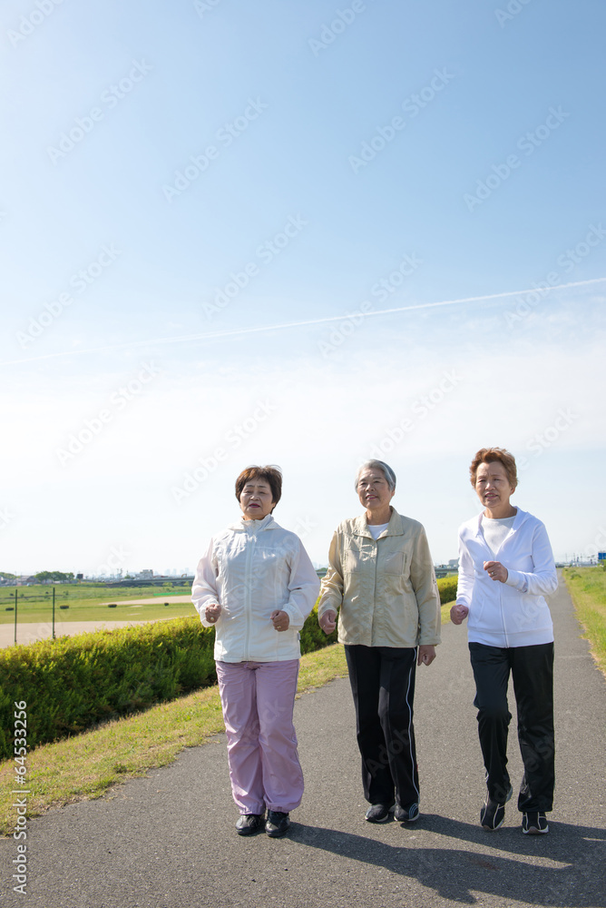 道路を歩く日本人高齢者の3人組