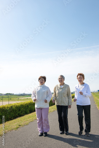 道路を歩く日本人高齢者の3人組