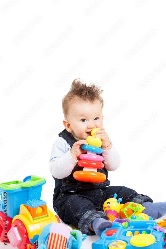 happy baby playing with toys, isolated happy baby playing with toys, isolated