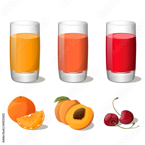 Set of juices in glass (orange, peach, cherry)