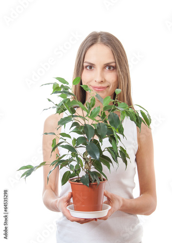 young woman holding houseplant, isolaterd on white