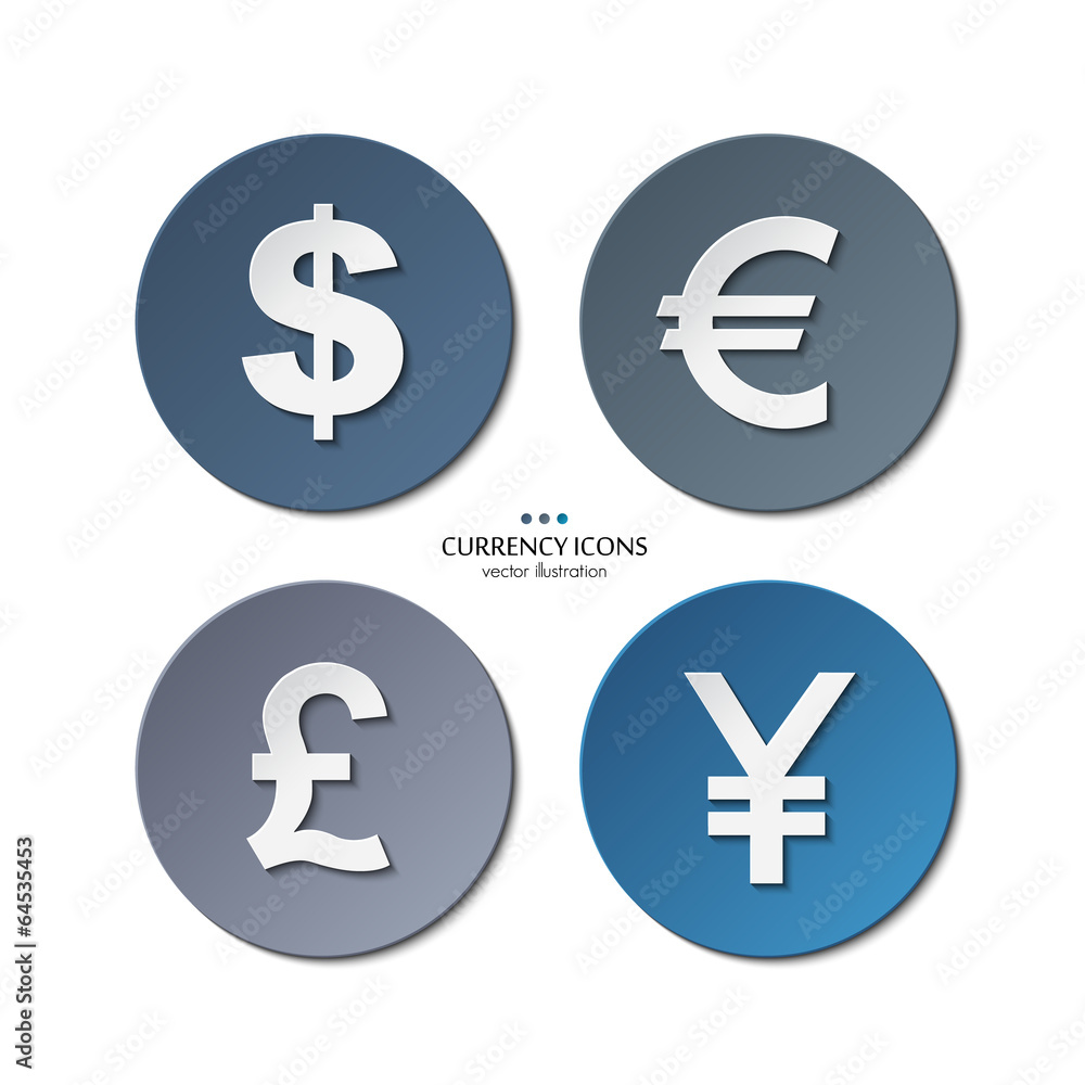 Vector set of currency icons, dollar, euro, pound, yen. Vector set of currency icons, dollar, euro, pound, yen.