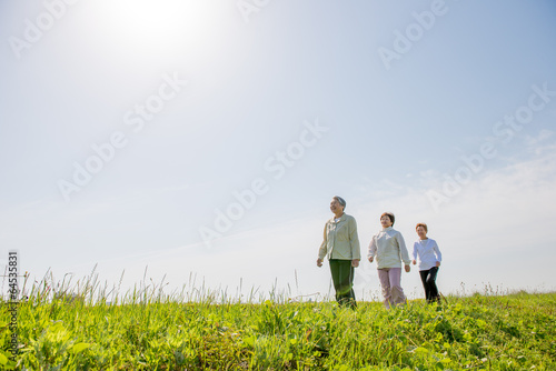 青空の日に草原の丘を散歩している3人の高齢者女性