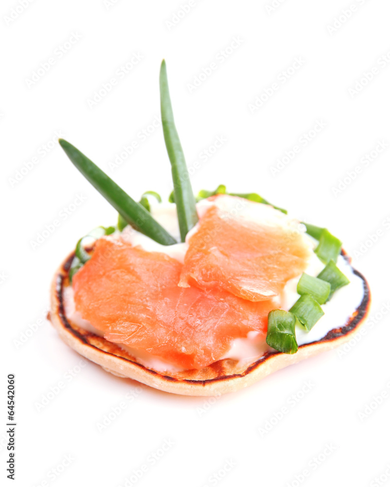 Pancake with salmon and mayo, isolated on white Pancake with salmon and mayo, isolated on white