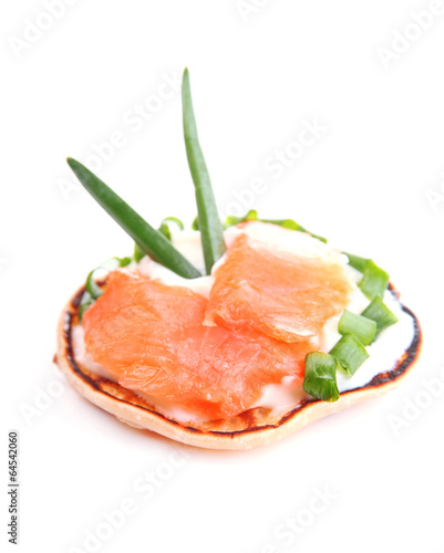 Pancake with salmon and mayo, isolated on white