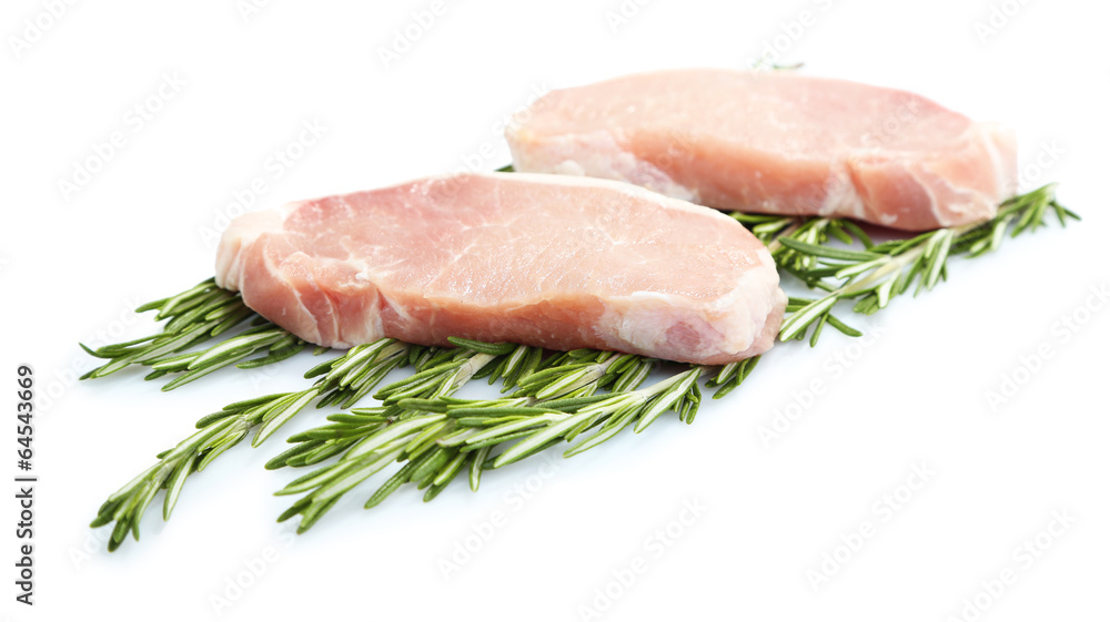Raw meat steak with herbs isolated on white Raw meat steak with herbs isolated on white