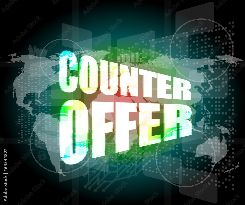 counter offer words on digital screen background with world map counter offer words on digital screen background with world map