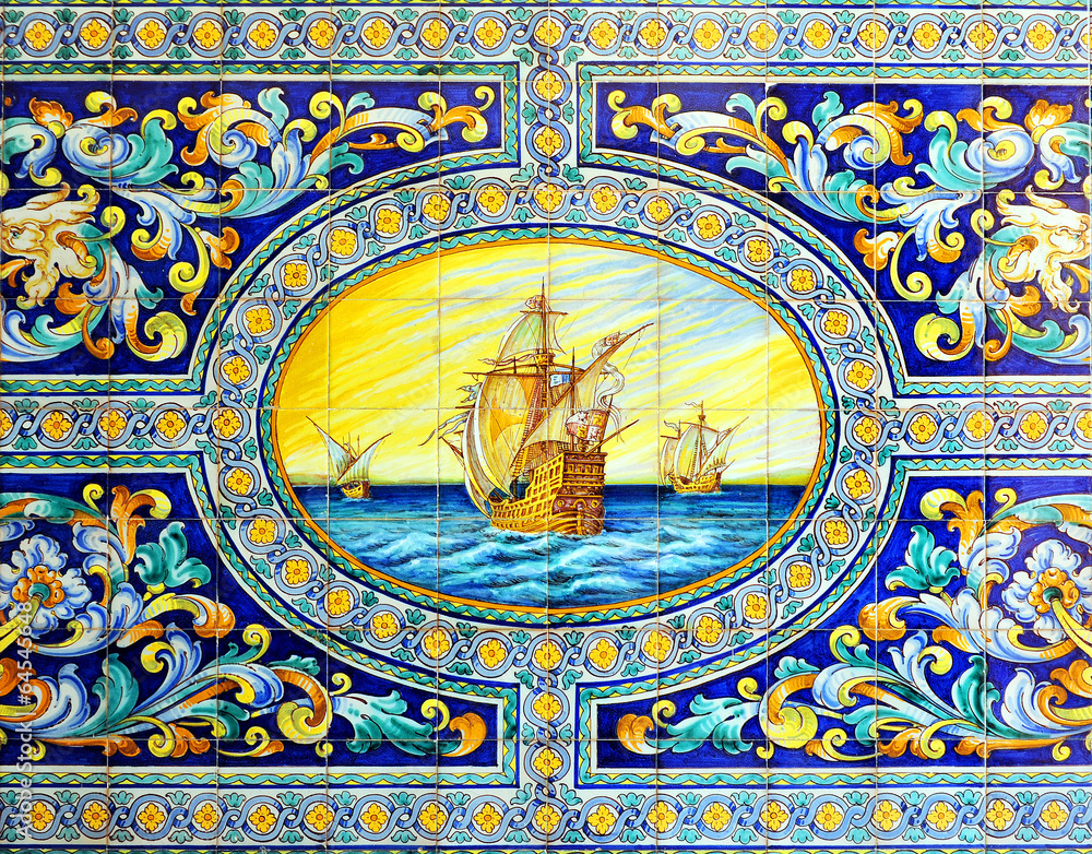 Galeones, carabelas, azulejo de Sevilla, España