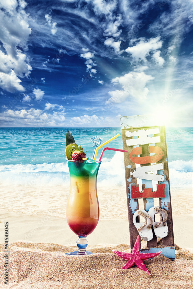 Fresh tropical cocktail on beautiful beach