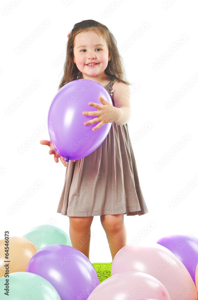 Smiling little girl with balloon isolated on white Smiling little girl with balloon isolated on white