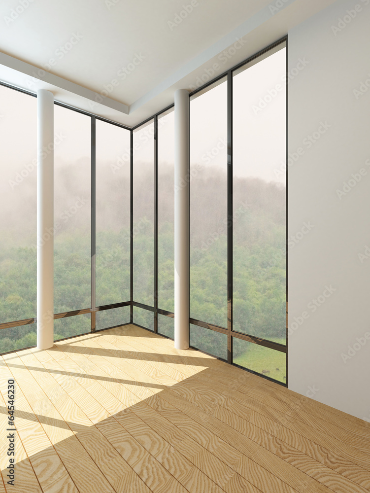 Modern empty room with floor to ceiling window