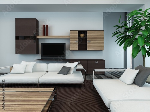 Modern living room interior with wooden cabinets © XtravaganT