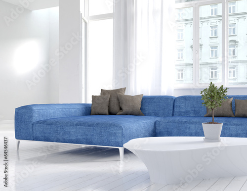 White living room interior with blue couch