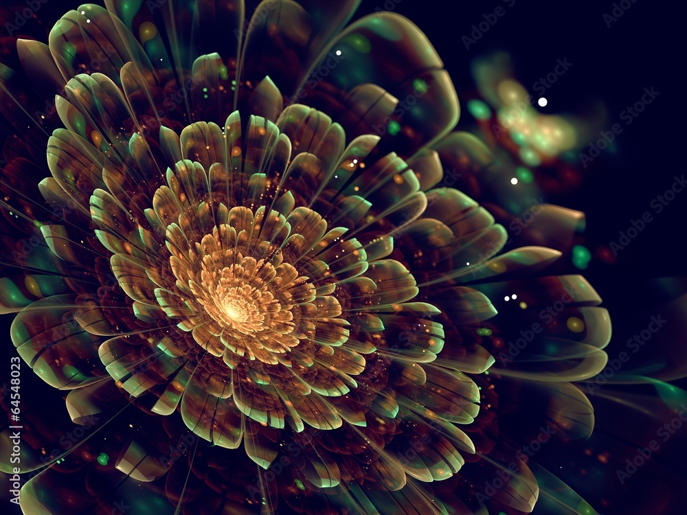 Obraz premium orange fractal flower with green details on petals, on black