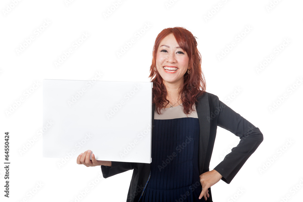 Asian office girl stand with arms akimbo and a blank sign Asian office girl stand with arms akimbo and a blank sign
