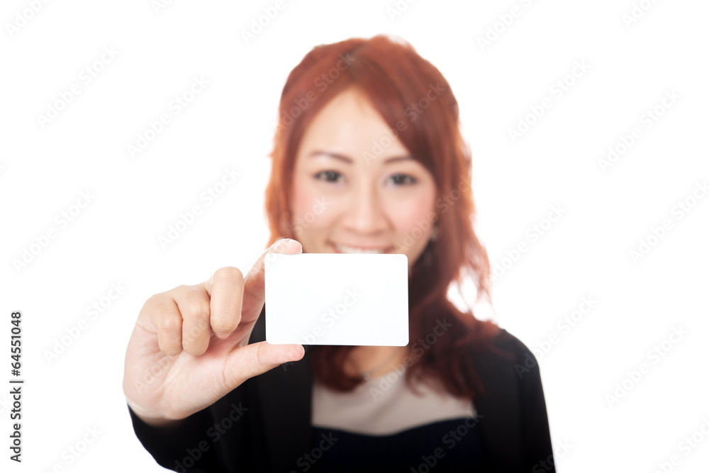 Asian office girl happy show a blank card focus on the card Asian office girl happy show a blank card focus on the card