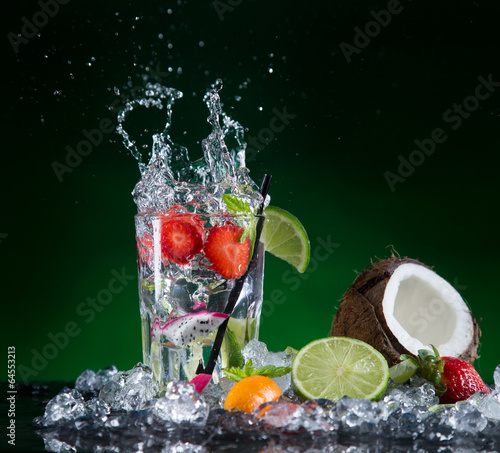 Fresh fruit cocktail in freeze motion splashing