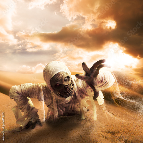 Obraz na plátně Scary mummy in a desert at sunset with copy space